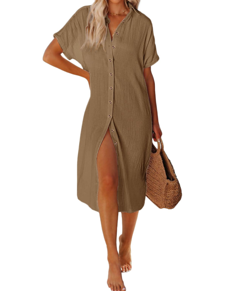 Weng Robe Praia Mulher – Túnica de Algodão com Decote em V e Botões, Corte Longo e Respirável