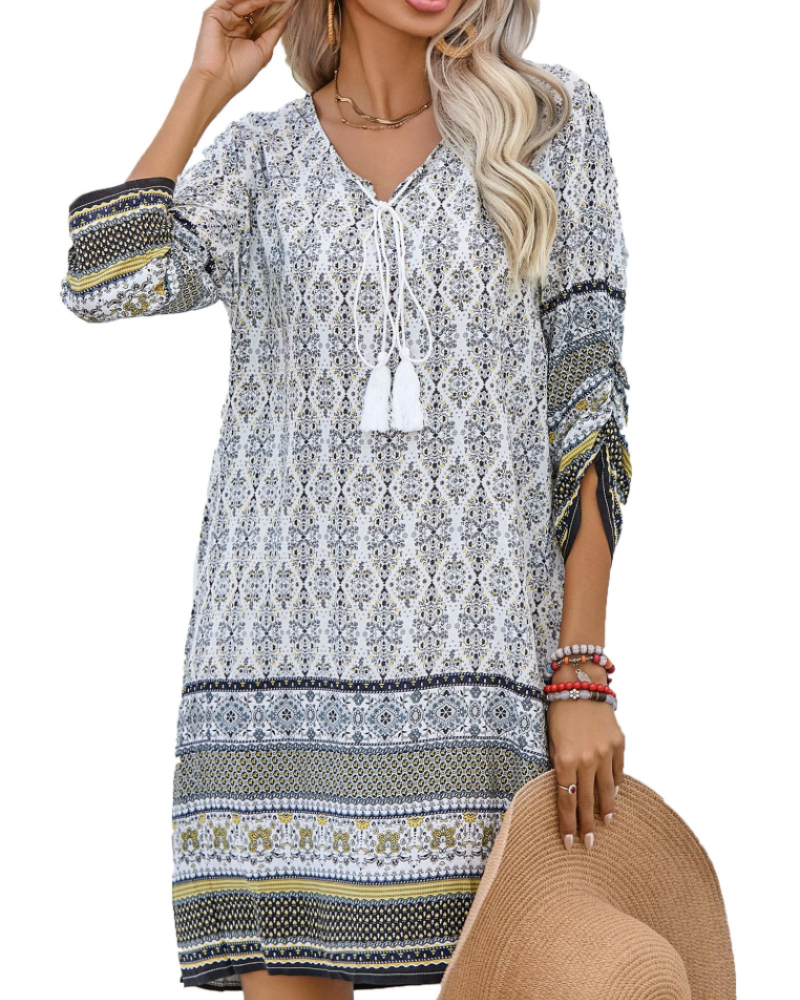 Cella Robe Bohème Femme – сукня-туніка з квітковим принтом, V-подібний виріз, рукави 3/4 та вільний крій