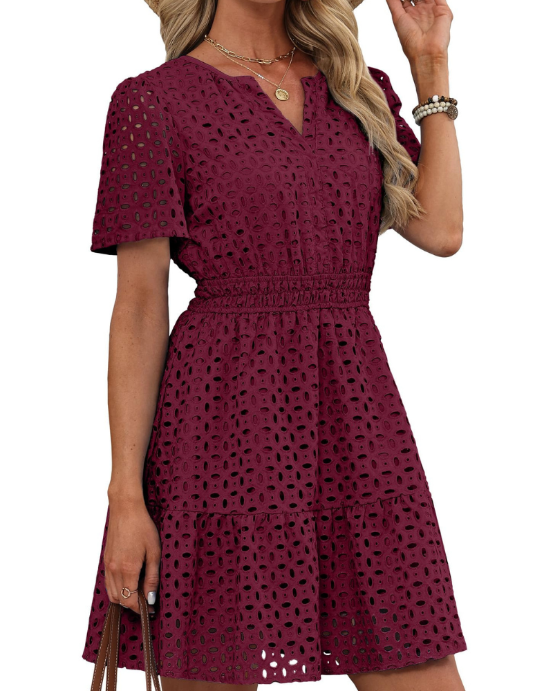 Robe Hedwig Mulher – Decote em V com Renda Bordada, Mangas Curtas & Corte Mini Cintura Alta Verão