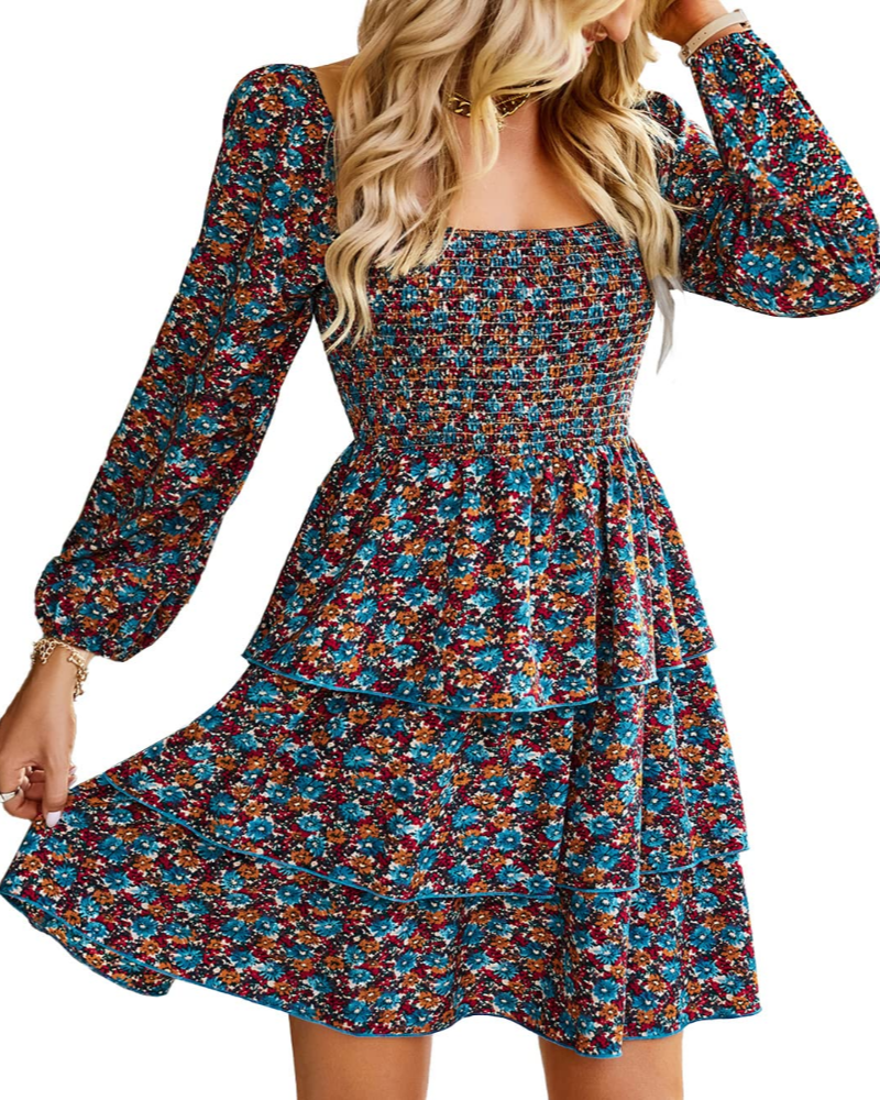 Léa Damesjurk – Boheemse Mini Jurk met Vierkante Hals, Smock Taille, Lange Mouwen en Volants