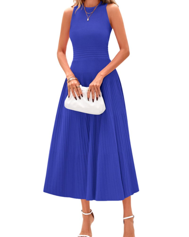 Blare Abito Donna – Abito Midi A-Line Plissettato Senza Maniche Vita Alta Elegante Ufficio