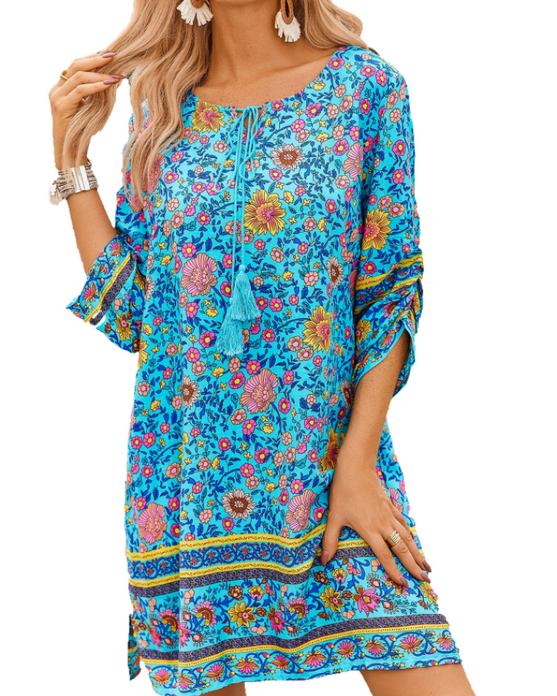 Cella Robe Bohème Femme – сукня-туніка з квітковим принтом, V-подібний виріз, рукави 3/4 та вільний крій