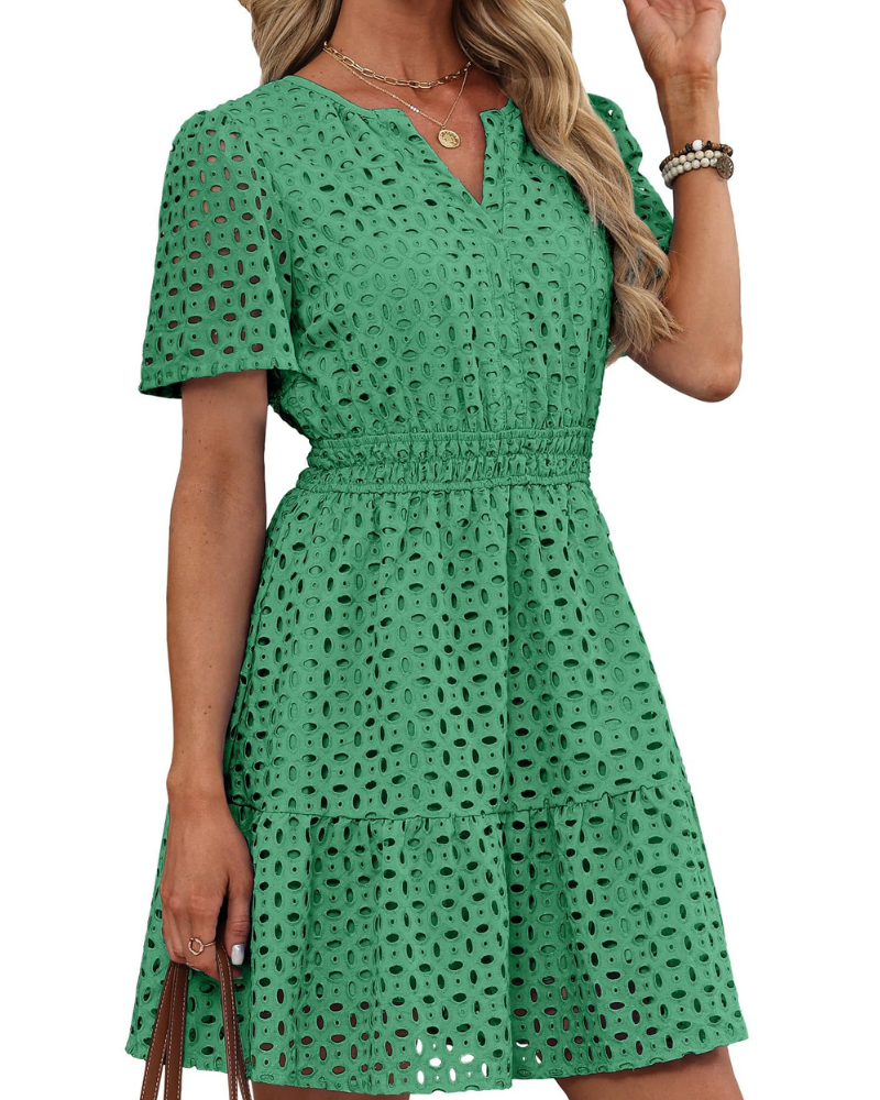 Robe Hedwig Mulher – Decote em V com Renda Bordada, Mangas Curtas & Corte Mini Cintura Alta Verão