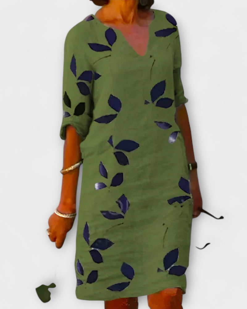 Vestido Madie para Mujer Elegante – Vestido Fluido con Estampado de Hojas, Corte Favorecedor y Cómodo
