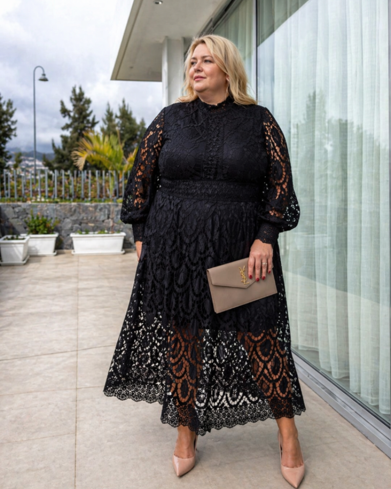 Celestine női ruha kerekded alakra, nagy méret – elegáns csipkeruha hosszú ujjakkal, elegáns estélyre