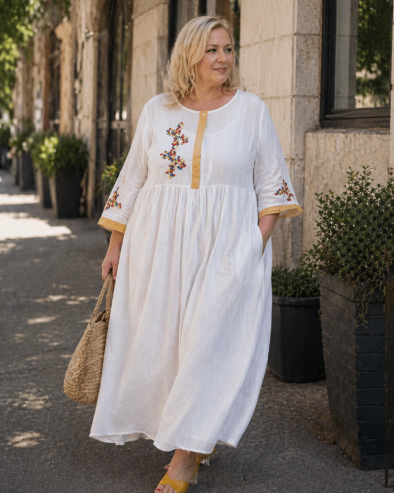 Farah Jurk Dames Curvy Grote Maat – Boheemse Jurk Katoen Linnen Geborduurd Losse Comfortabele Pasvorm