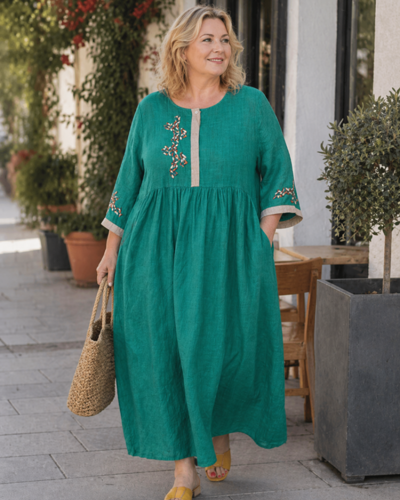 Farah Jurk Dames Curvy Grote Maat – Boheemse Jurk Katoen Linnen Geborduurd Losse Comfortabele Pasvorm