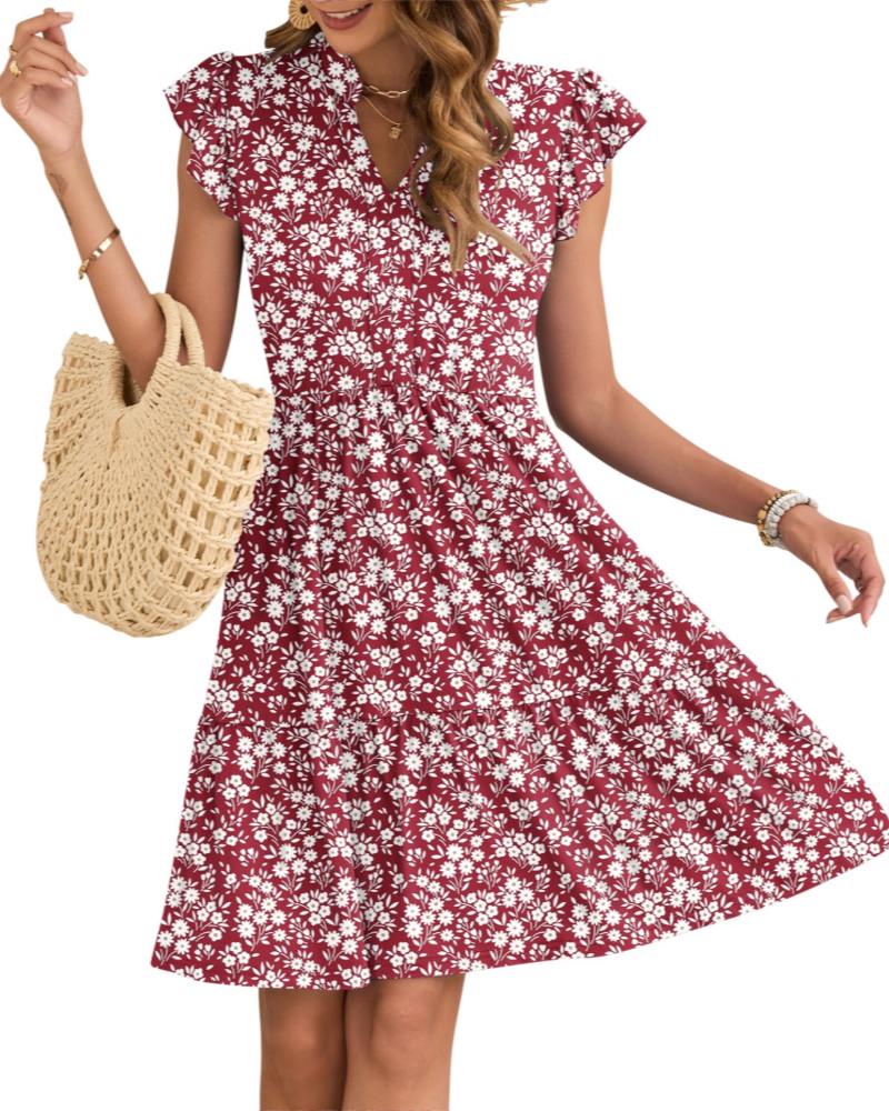 Eula Robe Femme – Col V, Manches Volants & Taille Élastique avec Poches Mini Été