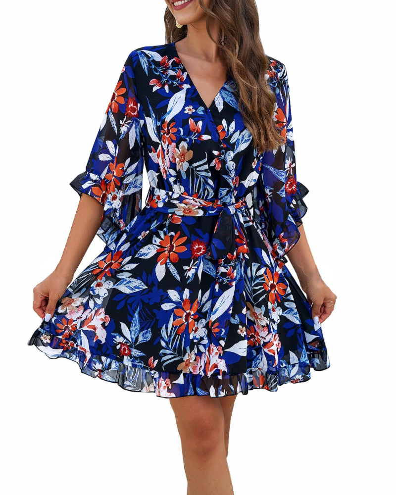 Vestaglia Odessa Donna – Incrocio a V Floreale, Maniche a Campana & Mini in Mussola Elegante
