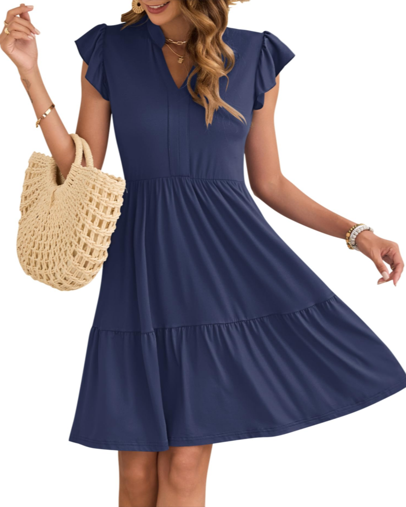 Eula Robe Femme – Col V, Manches Volants & Taille Élastique avec Poches Mini Été