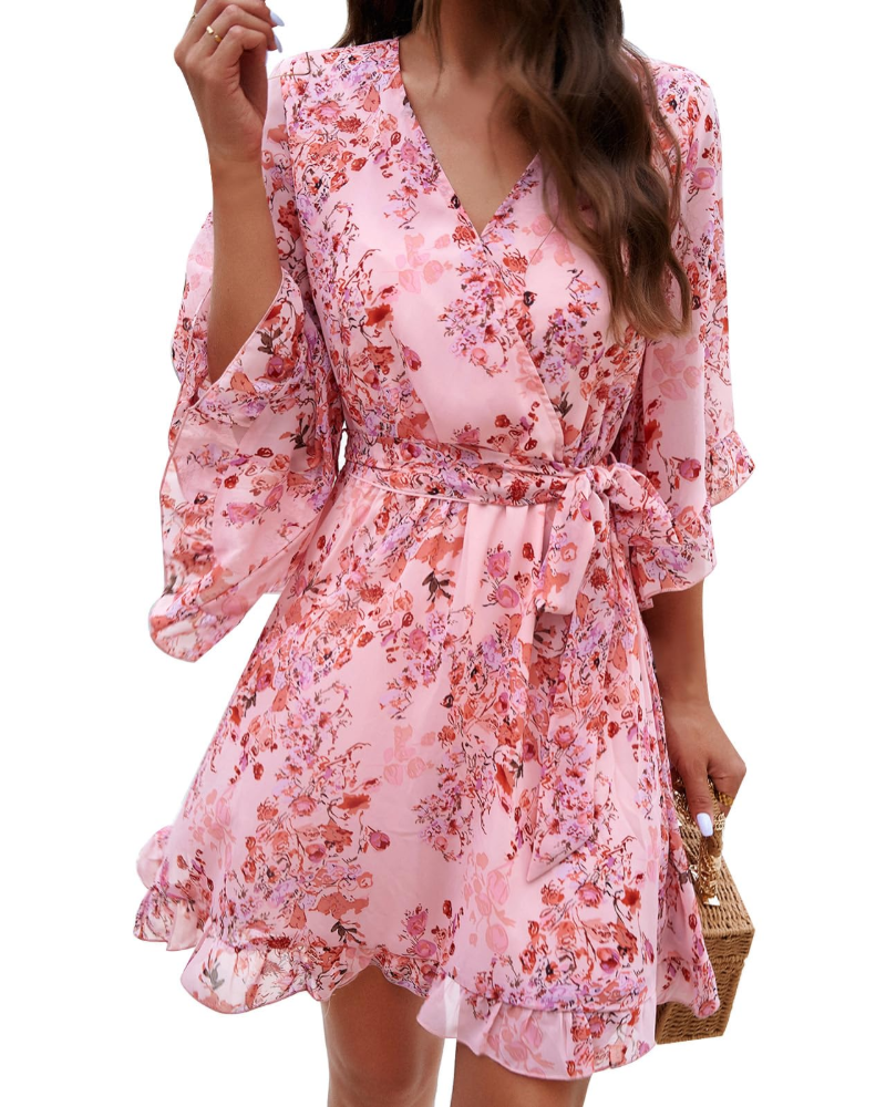 Vestaglia Odessa Donna – Incrocio a V Floreale, Maniche a Campana & Mini in Mussola Elegante