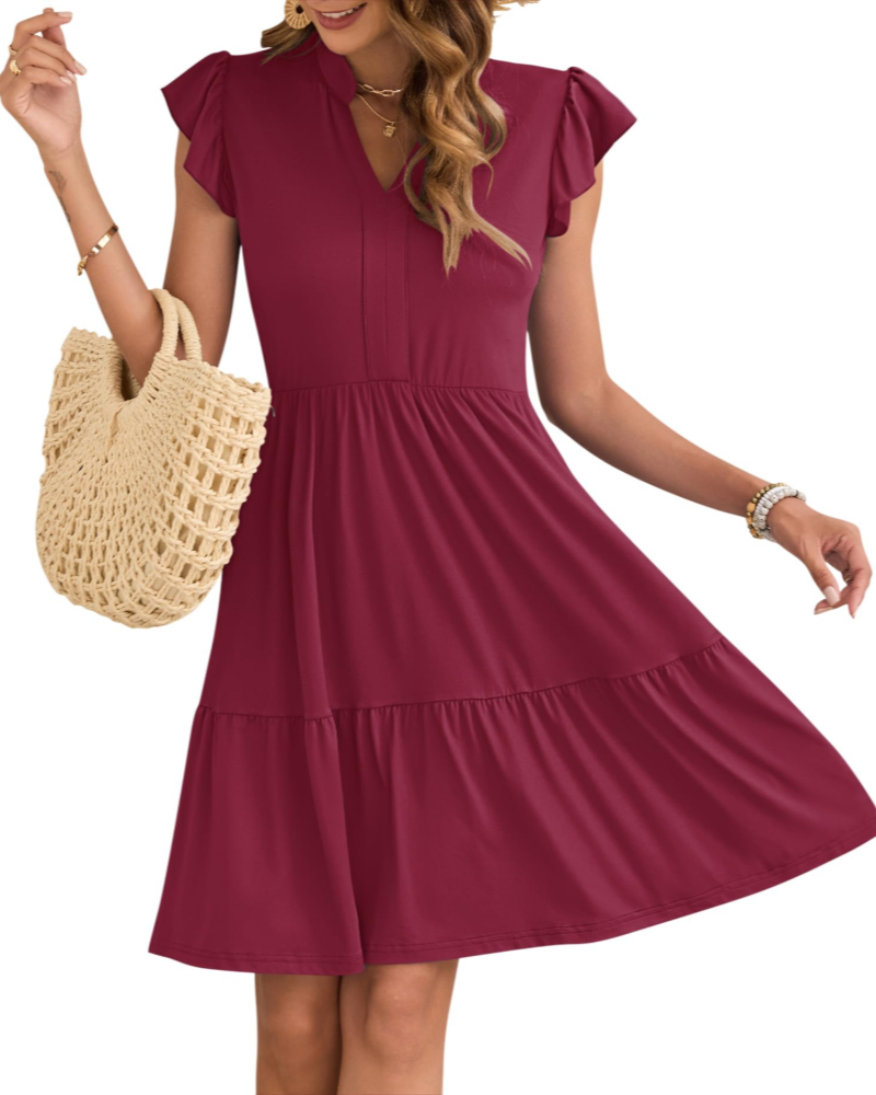 Eula Robe Femme – Col V, Manches Volants & Taille Élastique avec Poches Mini Été