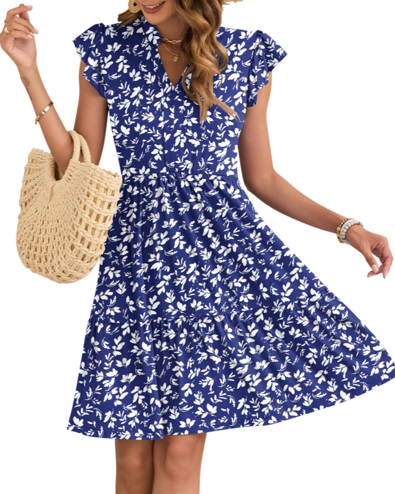 Eula Robe Femme – Col V, Manches Volants & Taille Élastique avec Poches Mini Été
