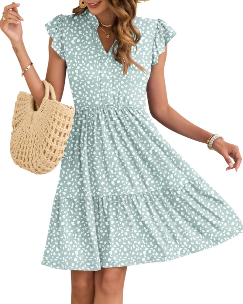 Eula Robe Femme – Col V, Manches Volants & Taille Élastique avec Poches Mini Été