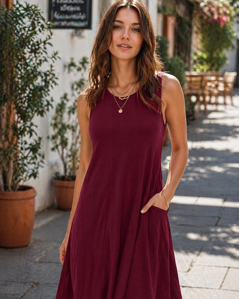 Rina Abito Donna – Abito Canotta Estivo Fluido Senza Maniche A-Line Con Tasche Casual