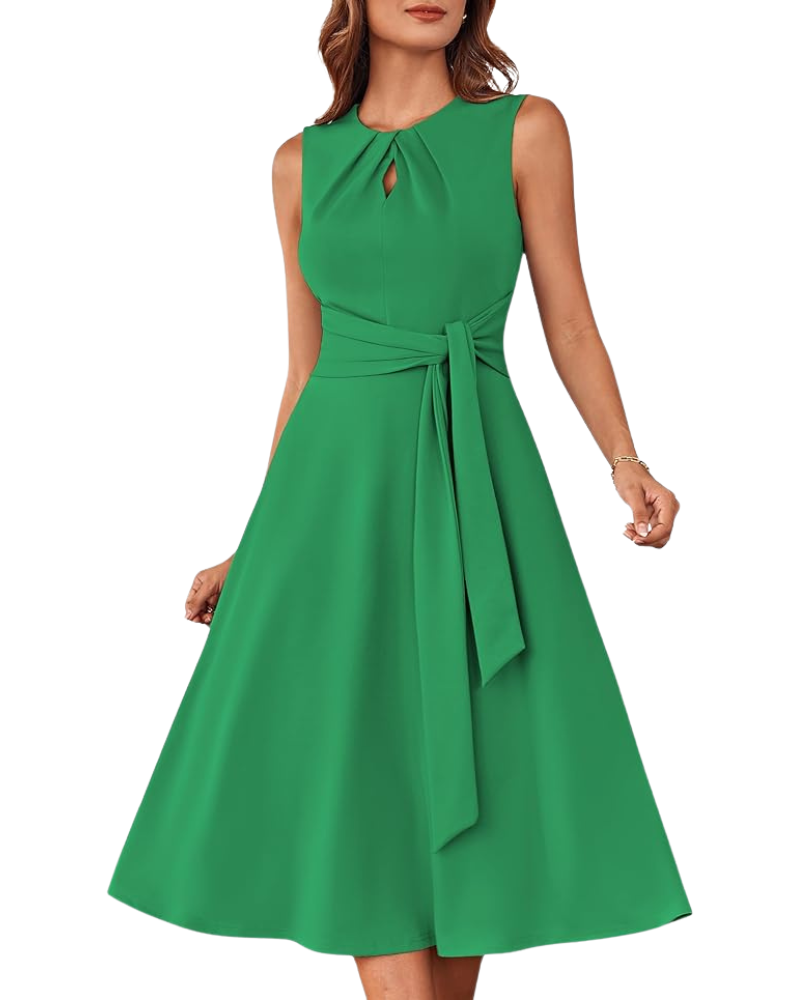 Indie Midi Dress for Women – A-Line Cut, Sleeveless & Belted with Elegant Pockets