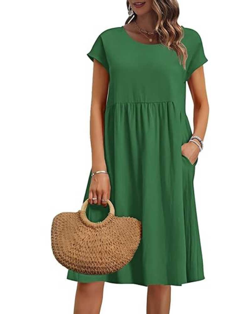 Elowen Damenkleid – V-Ausschnitt, Hohe Taille & Taschen, Plissierter Schnitt, Knielang, Sommer