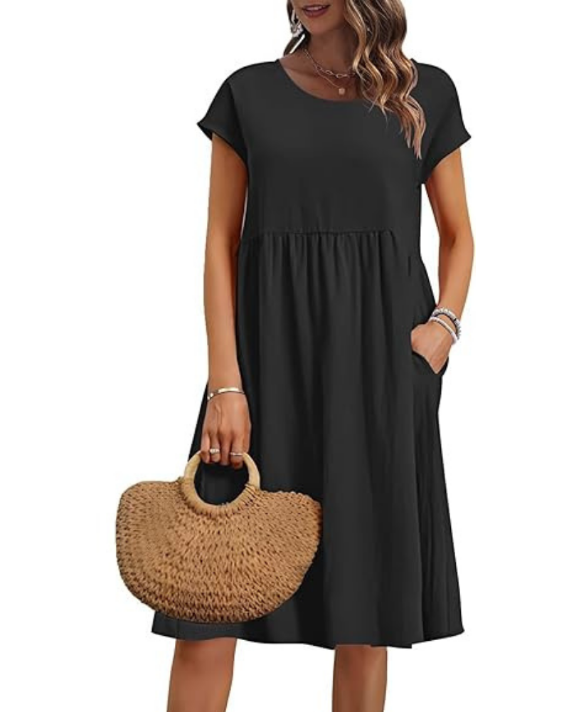 Elowen Damenkleid – V-Ausschnitt, Hohe Taille & Taschen, Plissierter Schnitt, Knielang, Sommer