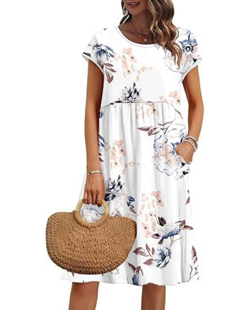 Elowen Damenkleid – V-Ausschnitt, Hohe Taille & Taschen, Plissierter Schnitt, Knielang, Sommer