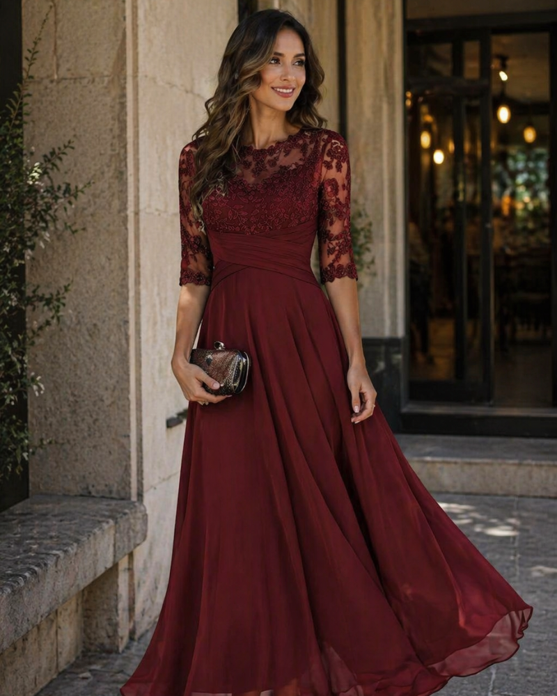 Olanthe Robe Soirée Femme – Dentelle & Mousseline, Manches 3/4 & Coupe A-Line Élégante
