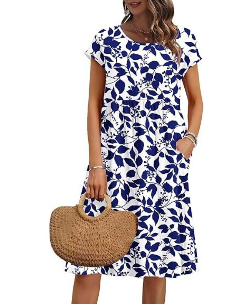 Elowen Damenkleid – V-Ausschnitt, Hohe Taille & Taschen, Plissierter Schnitt, Knielang, Sommer