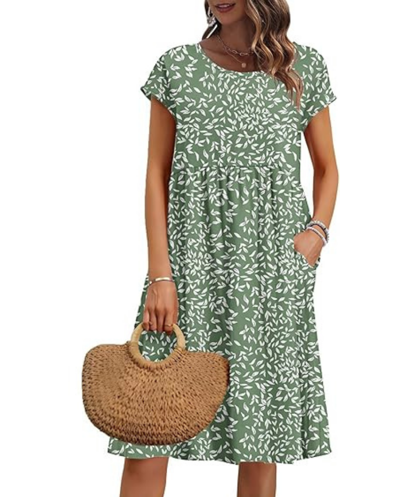 Elowen Damenkleid – V-Ausschnitt, Hohe Taille & Taschen, Plissierter Schnitt, Knielang, Sommer