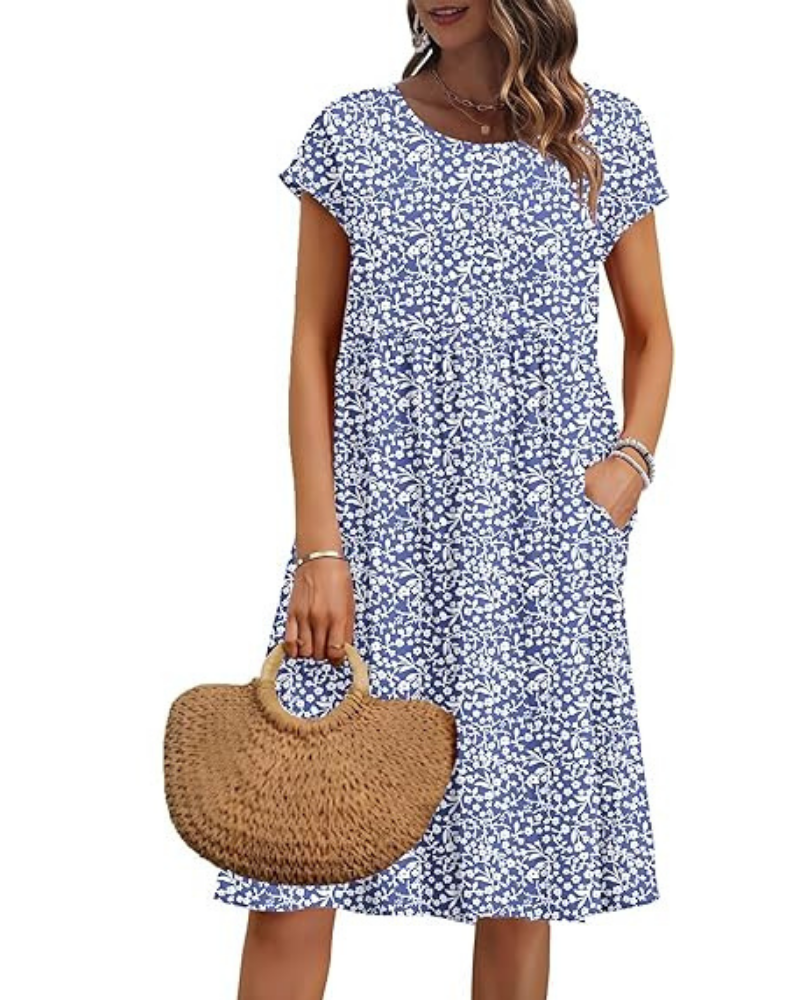 Elowen Damenkleid – V-Ausschnitt, Hohe Taille & Taschen, Plissierter Schnitt, Knielang, Sommer