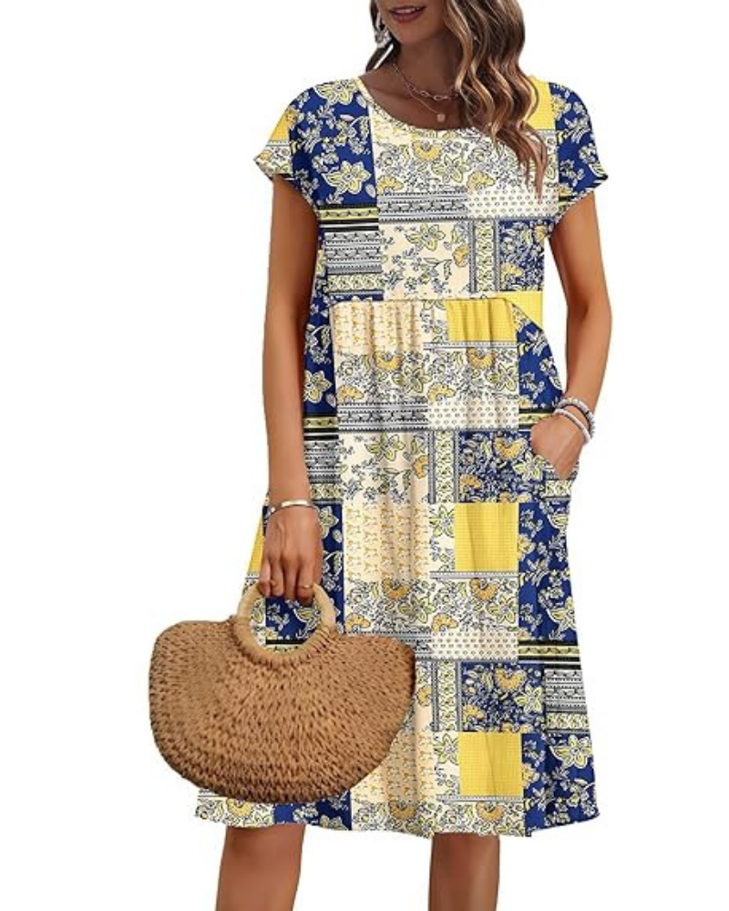 Elowen Damenkleid – V-Ausschnitt, Hohe Taille & Taschen, Plissierter Schnitt, Knielang, Sommer