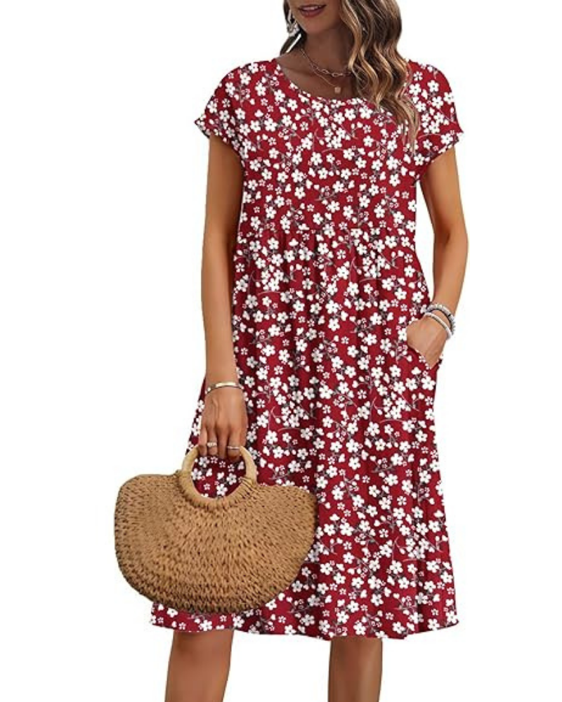 Elowen Damenkleid – V-Ausschnitt, Hohe Taille & Taschen, Plissierter Schnitt, Knielang, Sommer