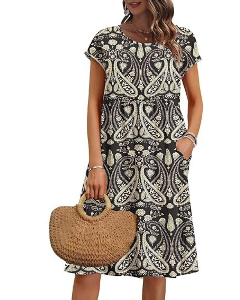 Elowen Damenkleid – V-Ausschnitt, Hohe Taille & Taschen, Plissierter Schnitt, Knielang, Sommer