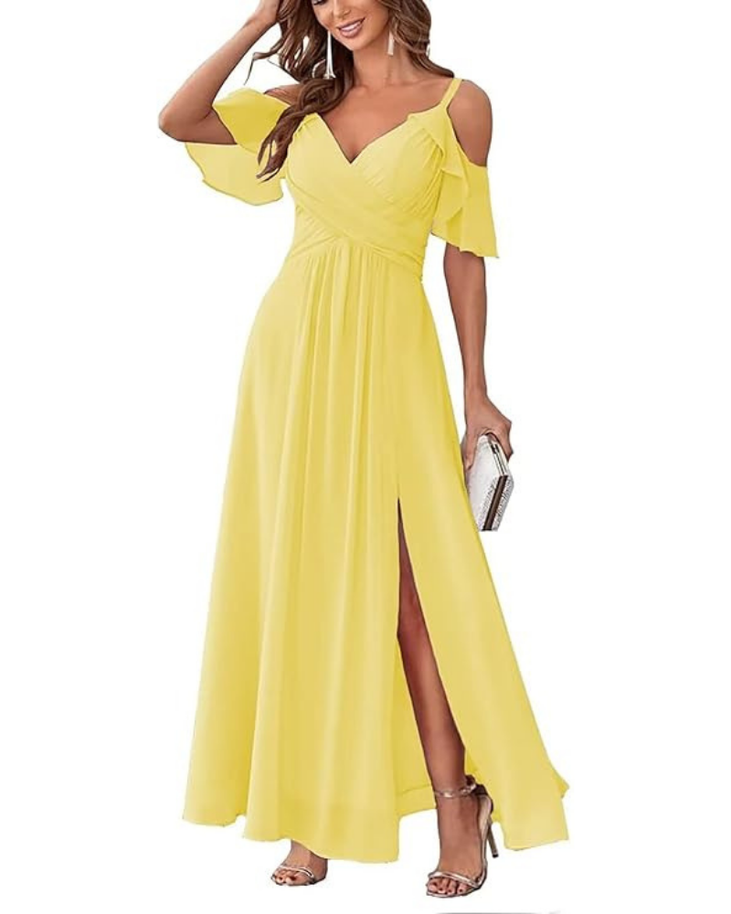 Georgia Robe Longue Femme – Mousseline Épaules Dénudées, Col V & Coupe A-Line Élégante