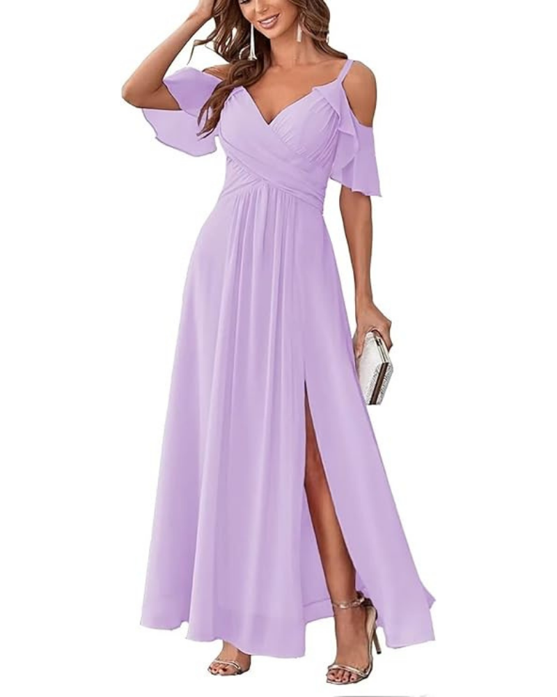Georgia Robe Longue Femme – Mousseline Épaules Dénudées, Col V & Coupe A-Line Élégante