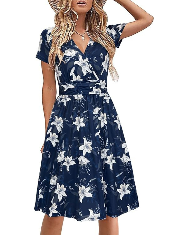Genesis Women's Robe – Floral Print, Crossed V-Neck & Pockets Elegant A-Line Cut