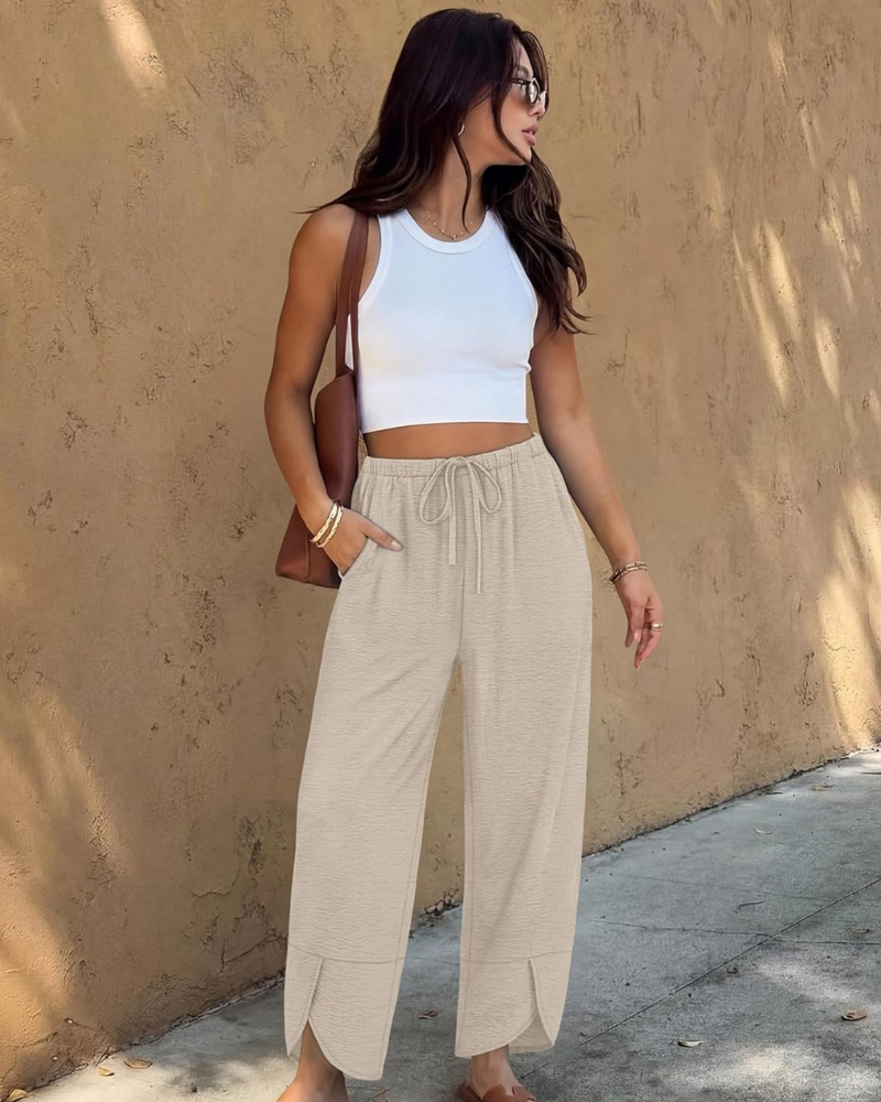 Klair Pantalon Femme – Capri Palazzo Large Taille Élastique Cordon & Poches