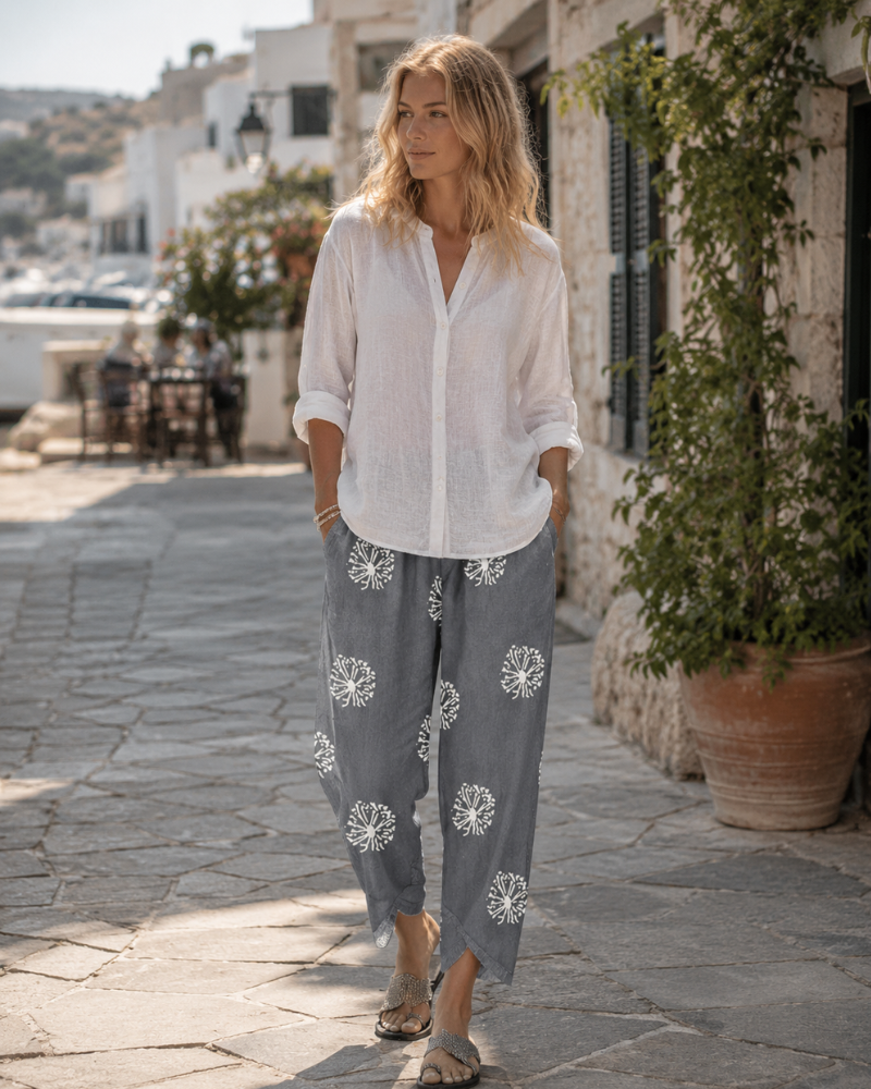 Léa Pantalon Femme – Capri Lin Coton Large Taille Élastique & Poches