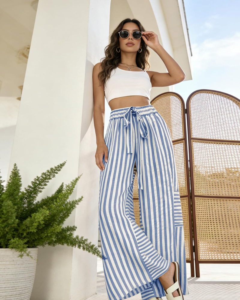 Fina Pantalon Femme – Palazzo Rayé Large Taille Élastique Cordon & Poches
