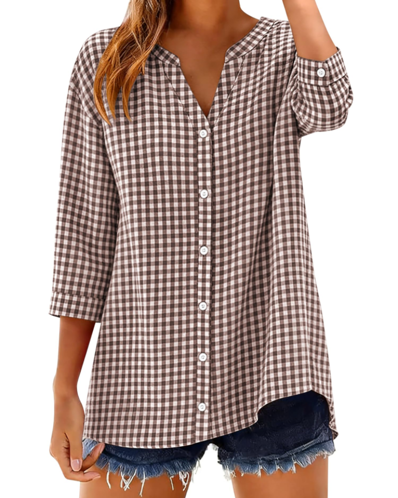 Soléane Camicia da donna – Camicetta in cotone a quadri o a righe con maniche a 3/4