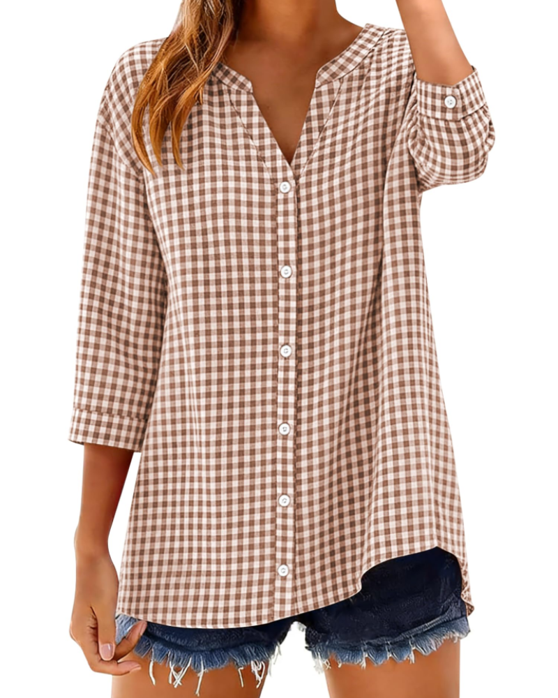 Soléane Camicia da donna – Camicetta in cotone a quadri o a righe con maniche a 3/4
