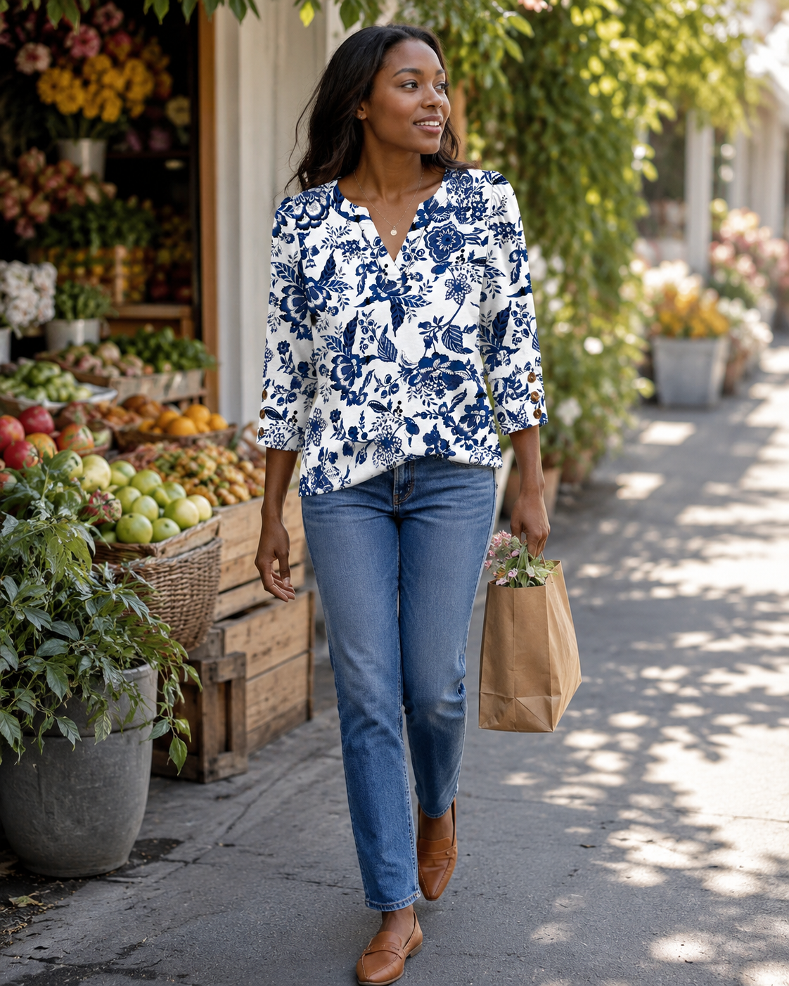 Blusa Séverine para mulher com decote em V – Top elegante com mangas 3/4 e punhos abotoados