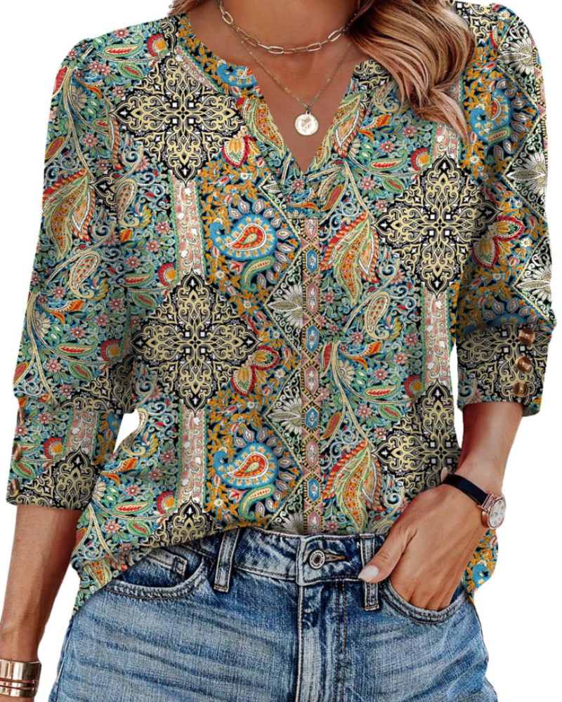 Blusa Séverine para mulher com decote em V – Top elegante com mangas 3/4 e punhos abotoados