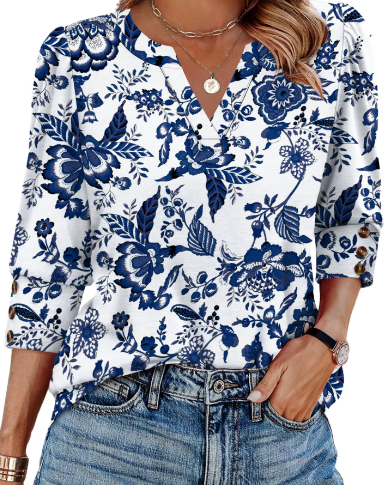 Blusa Séverine para mulher com decote em V – Top elegante com mangas 3/4 e punhos abotoados