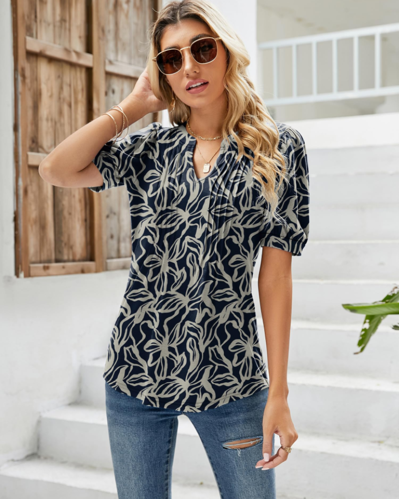 Bluza Nina pentru femei, vară – guler în V cu imprimeu floral, mâneci bufante și croială fluidă