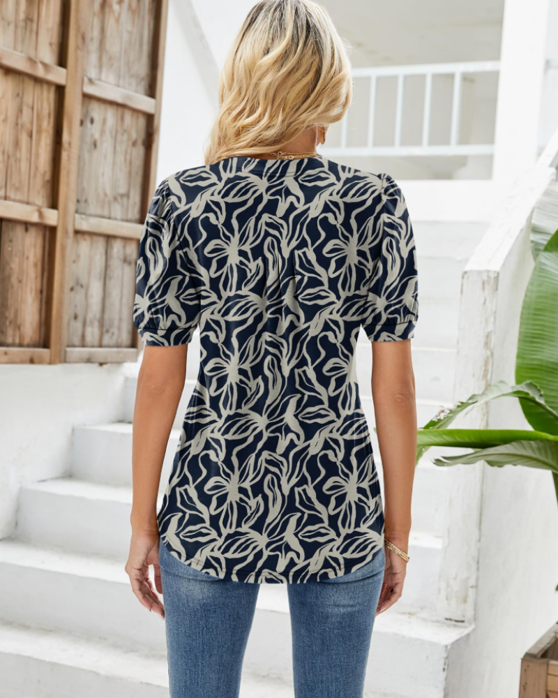 Bluza Nina pentru femei, vară – guler în V cu imprimeu floral, mâneci bufante și croială fluidă