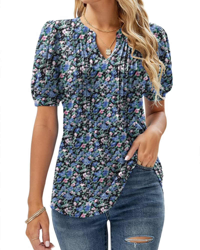 Bluza Nina pentru femei, vară – guler în V cu imprimeu floral, mâneci bufante și croială fluidă