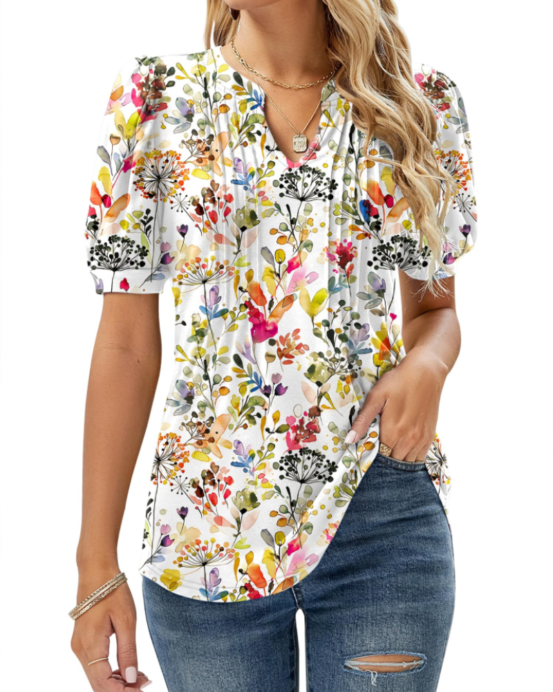 Bluza Nina pentru femei, vară – guler în V cu imprimeu floral, mâneci bufante și croială fluidă