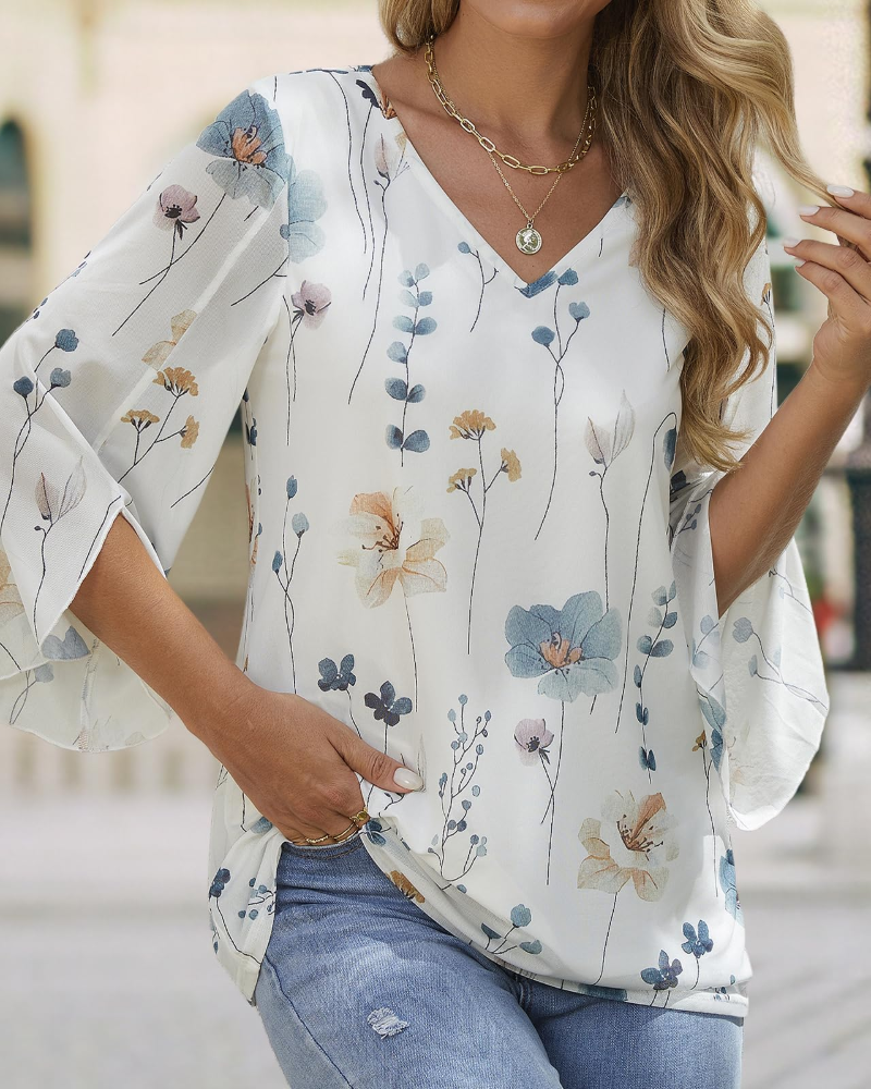 Kristine Women's Summer Blouse – Floral V-Neck, 3/4 Ruffle Sleeves, Plus Size