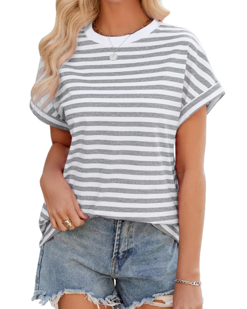 Tricou de vară pentru femei Madison – Oversize cu dungi, bumbac, guler rotund