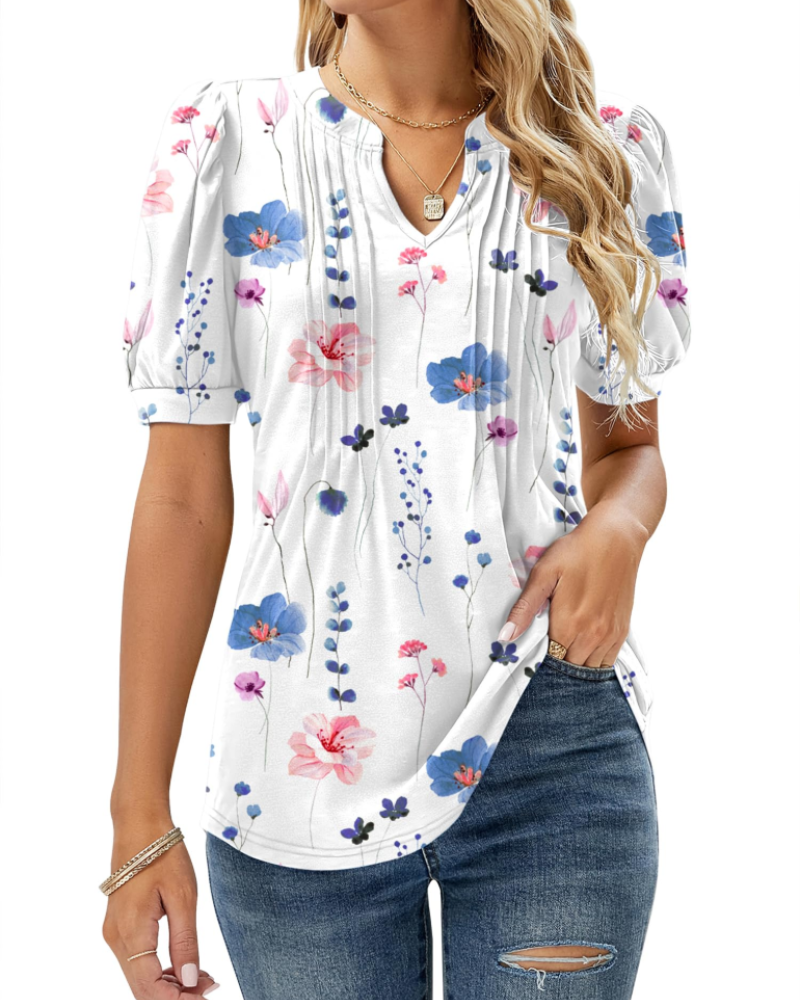 Bluza Nina pentru femei, vară – guler în V cu imprimeu floral, mâneci bufante și croială fluidă