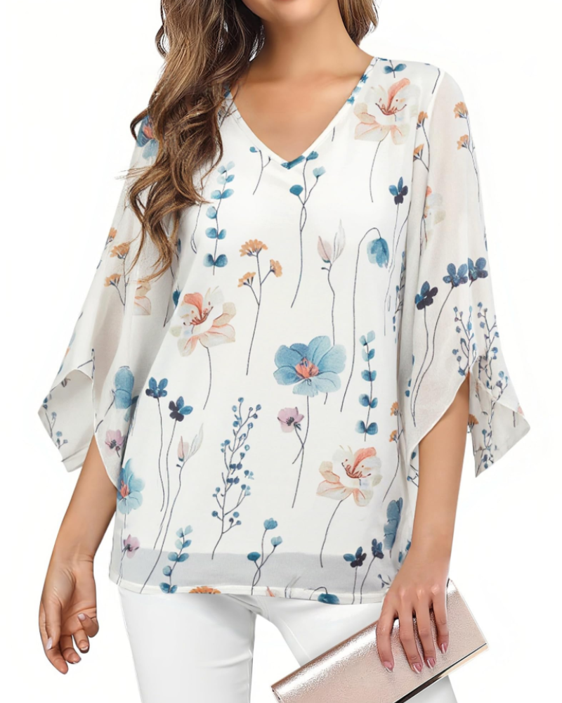 Kristine Women's Summer Blouse – Floral V-Neck, 3/4 Ruffle Sleeves, Plus Size