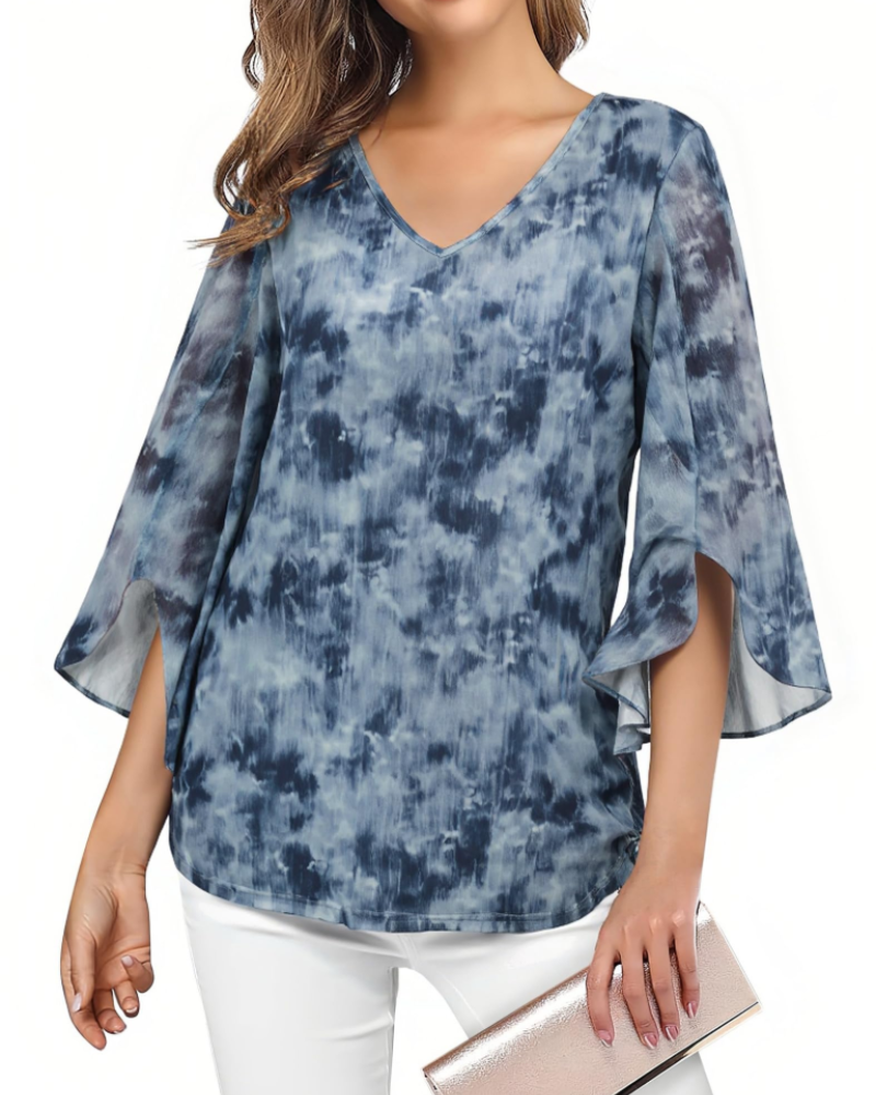 Kristine Women's Summer Blouse – Floral V-Neck, 3/4 Ruffle Sleeves, Plus Size